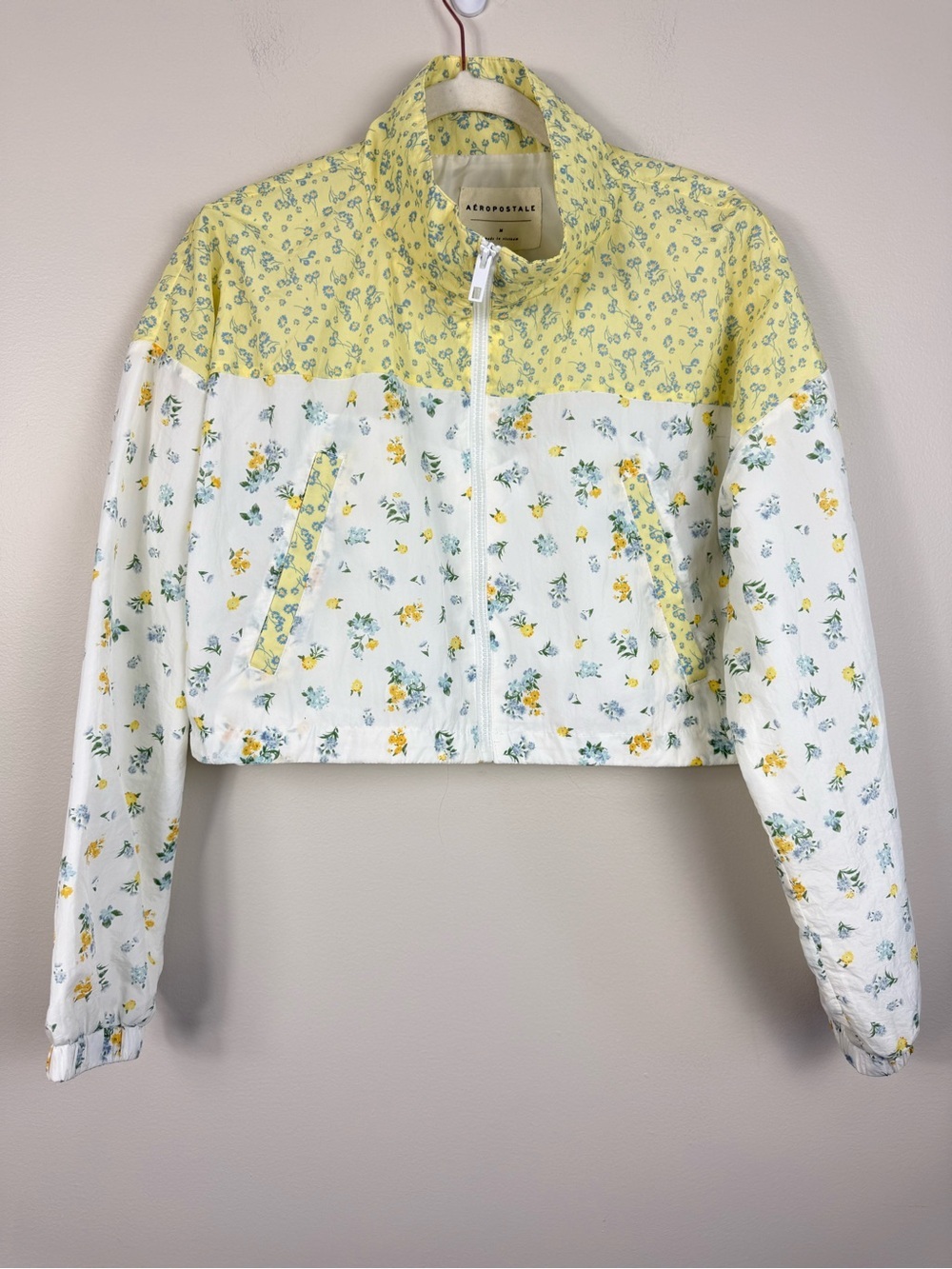 Aeropostale Cropped Floral Jacket Women Medium White Yellow Boho Boxy Coastal